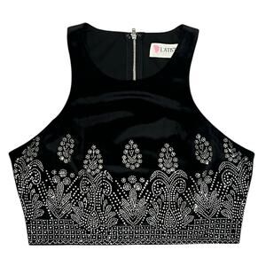 Latiste Black Velvet Rhinestone Cropped Tank Top Festival Gothic Anthro Style
